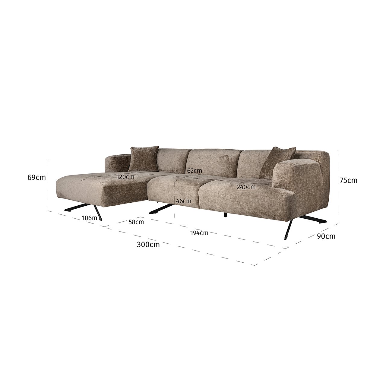 Couch Donovan 3sitzer + lounge links (Bergen 104 taupe chenille)