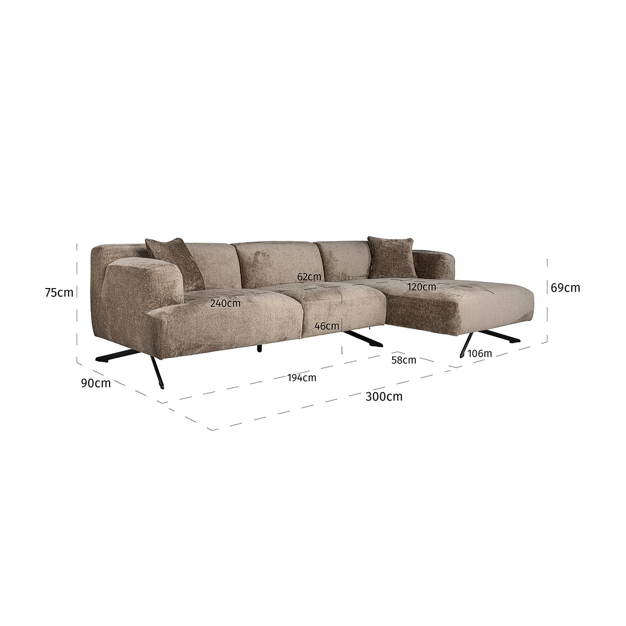 Couch Donovan 3sitzer + lounge rechts (Bergen 104 taupe chenille)